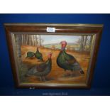 A framed oil on wood depicting wild turkeys, signed lower right Samson J (Jochen Samson).