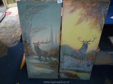 A pair of Oils on canvas depicting stags in rural landscapes, unsigned, 14 1/2" x 36".