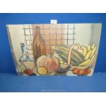 A still life on board depicting fruit and veg, initialed lower right 'FWL '53'.