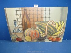 A still life on board depicting fruit and veg, initialed lower right 'FWL '53'.