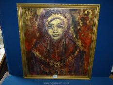 A framed mixed media painting in orange, red and gold colours of a woman, initialled lower right A.