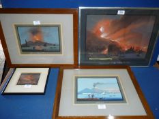 Four framed Watercolours 'Eruzione dd 1850' and Distruzione della Torre del Greco.