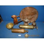 A quantity of copper and brass including jug, flask, bell, old fire extinguisher, charger etc.