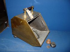 A brass coal scuttle, a/f 15 1/2'' x 11'' wide x 14 1/2'' tall.