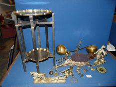 A Benares table with two shelves and a box of smaller items including miniature candlesticks,