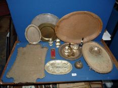 A quantity of mixed metal including beaten copper tray, plated dish, trays, brass bells etc.