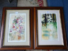 Hilda Smith: a pair of framed Gouache paintings, one of a still life of flowers in a vase,
