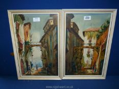 A pair of Watercolours of colourful Mediterranean village scenes, signed Haulet,