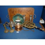 A quantity of mixed metal including galleried tray, brass candlesticks, copper kettle etc.