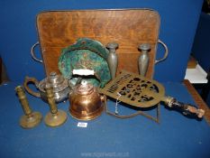 A quantity of mixed metal including galleried tray, brass candlesticks, copper kettle etc.