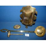 A quantity of brass including old ladle, spill holder, gavel and brass snuff box with inset penny.