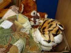An Indian chenille blanket and cuddly toys