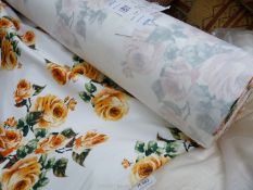 A good roll of satin cotton print fabric in 'New Rose' pattern, yellow shade, 57'' wide.
