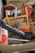 A box of belt sander paper - 80 grade and various other grades, box of auger bits, metal shears,