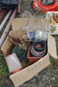 A quantity of plastic plant pots and two Topiary animals.