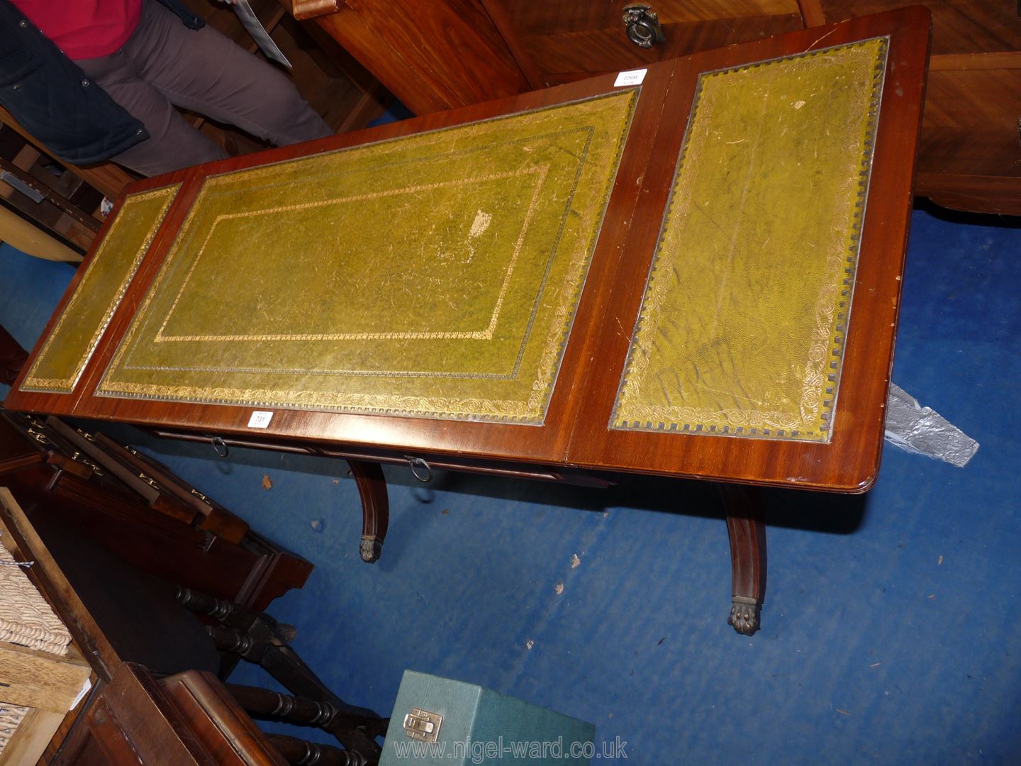 A drop leaf writing desk with lyre sides and green leather inserts, on casters, 57'' x 20'' x 29''. - Image 2 of 3