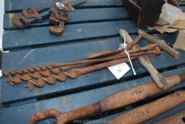 Three old wood bits etc and a vintage pickaxe head.