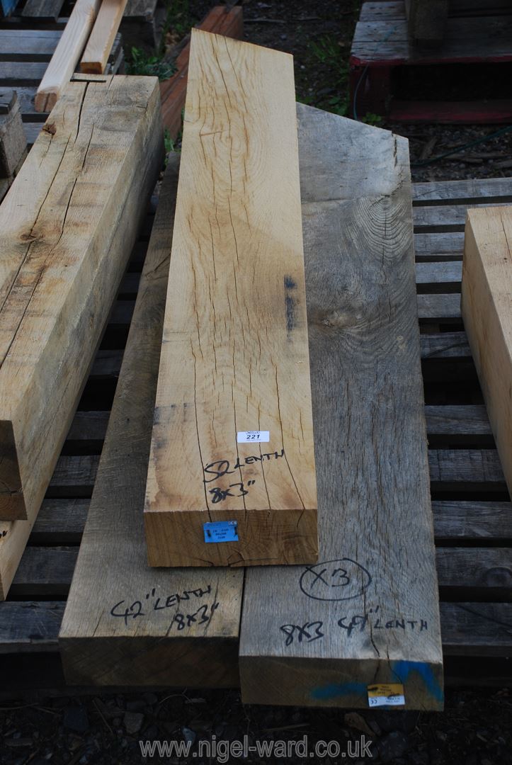 Three lengths of oak 8'' x 3'' and lengths of 42'', 49'' and 52''.