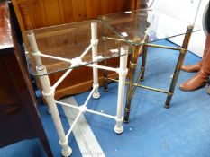 Two very similar glass top occasional tables with metal frames, one white the other brass effect,