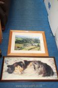 A framed aerial photograph of Walford Sawmills and village and a print of a Lassie dog.