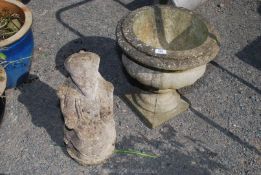 A concrete urn 16" x 16" and a concrete figure of oriental Gentleman