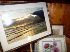 A pair of framed photographs and a floral decoupage picture