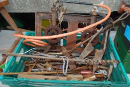 A twin gas ring, Blacksmith chisel and various tools including sheep shears.