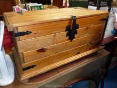 A rustic pine blanket box with metal fittings, 36 1/2" W.