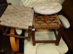 Three footstools including woven and padded tops.