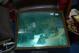 A framed picture of a blacksmith shoeing a horse.