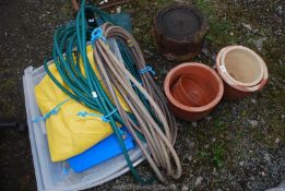 Planters, hose pipe, tarpaulin builders bag,