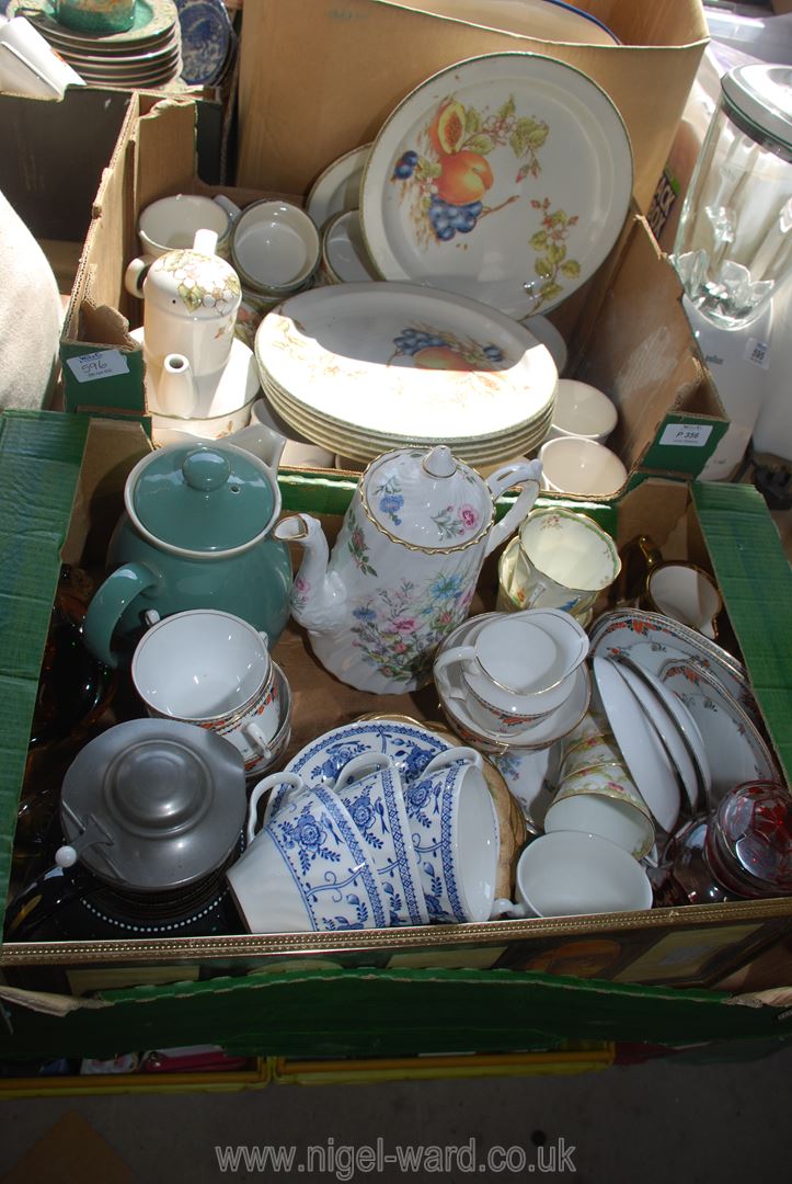 Two boxes of mixed china, coffee pot,