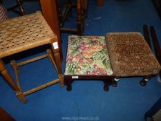 Three foot stools including tapestry, woven and carpet topped.