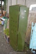 An old green metal locker, 12" wide x 20" deep x 63" high.