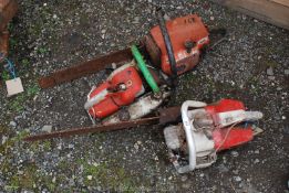 A Stihl 08 chainsaw plus one for spares, all early, no chain brakes, (sold as seen).