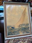 A framed print of canvas of a racing yacht, a/f.