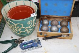 Boxed French Boules, planter, secateurs, etc.