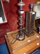 Two Treen lamps and tray.