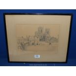 A Pencil on Paper 'York Minster and Bootham Bar', signed Gwen 9.1.47.