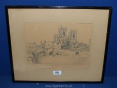 A Pencil on Paper 'York Minster and Bootham Bar', signed Gwen 9.1.47.