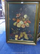 A large over varnished Print depicting a still life of flowers and fruits, no visible signatures,