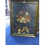 A large over varnished Print depicting a still life of flowers and fruits, no visible signatures,