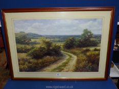 A large framed and glazed Print, Landscape with lane in foreground, signed lower left Dipnall.