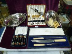 A quantity of EPNS including a cased carving set, cased set of berry spoons, serving dishes etc.