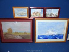 Three framed Watercolours to include trains and ships, an acrylic entitled 'After The Storm',