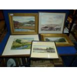 Four Oil and Watercolour Landscapes (some signed), and a Watercolour of a Seascape.