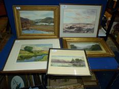 Four Oil and Watercolour Landscapes (some signed), and a Watercolour of a Seascape.