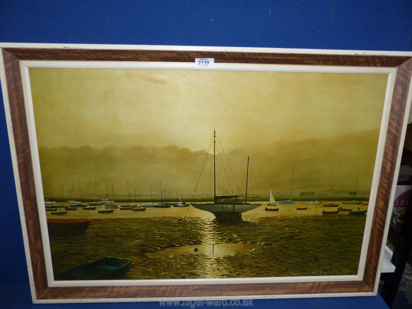 A large W.F. Burton Print on board, Harbour Estuary Boats scene, entitled 'Evening Gold', 33" x 23".