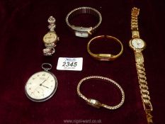 Five watches including Roamer, Geneve and Sekonda and a Sekonda pocket watch.