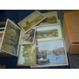 A quantity of prints including Vernon Ward harbour scene, Brean print of 'An Old Mill Sussex Downs',